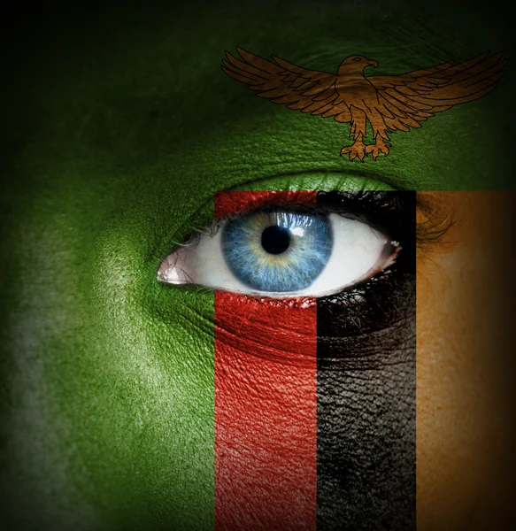 Human face painted with flag of Zambia — Stock Photo, Image