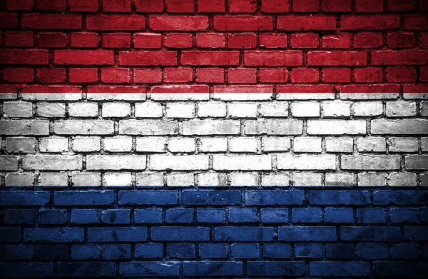 Кирпичная стена с окрашенным флагом Нидерландов — стоковое фото
