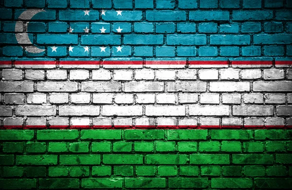 Кирпичная стена с окрашенным флагом Узбекистана — стоковое фото