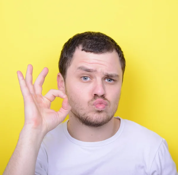 Портрет смешного человека, показывающего ОК жест с руками против крика — стоковое фото