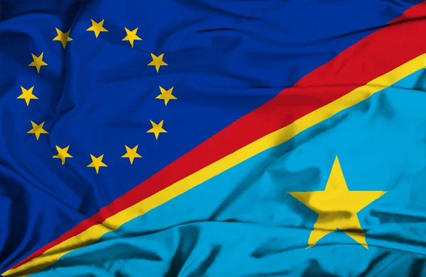 Ondeando la bandera de la República Democrática del Congo y la UE —  Fotos de Stock