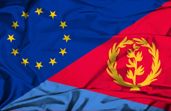 Waving flag of Eritrea and EU — Stock Photo, Image