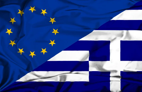 Bandera ondeante de Grecia y la UE — Foto de Stock