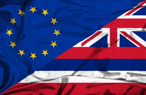 Waving flag of Hawaii and EU — Stock Photo, Image