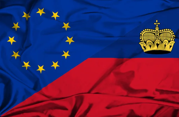 Bandeira ondulada do Lichtenstein e da UE — Fotografia de Stock