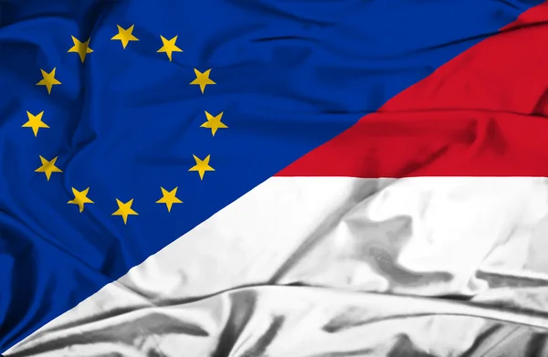 Waving flag of Monaco and EU — Stock Photo, Image