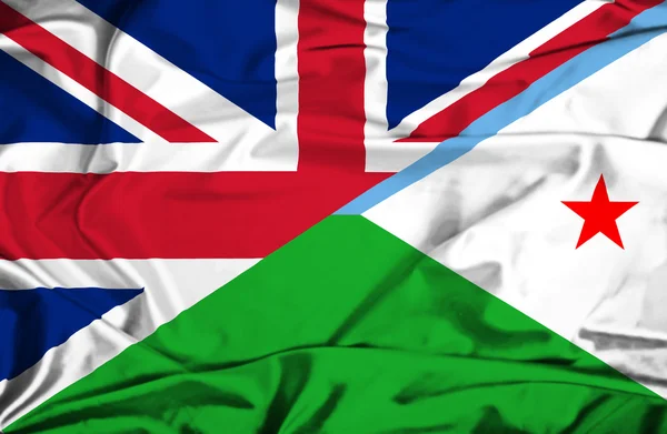 Waving flag of Dijbouti and UK — Stock Photo, Image