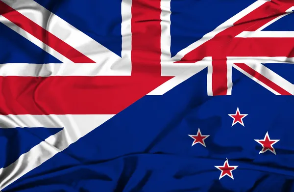 Bandera ondeante de Nueva Zelanda y Reino Unido — Foto de Stock