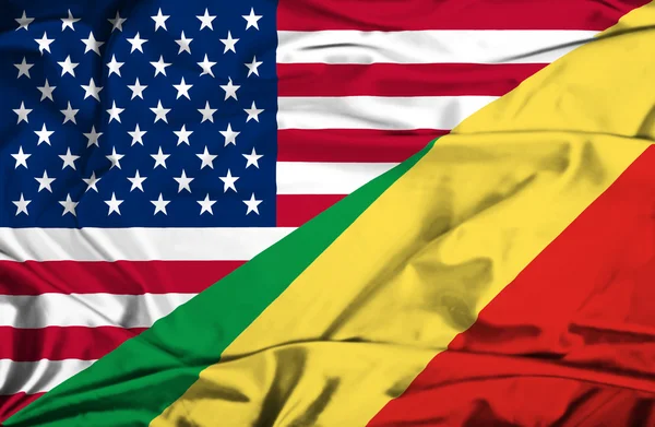 Waving flag of Congo Republic and USA — Stock Photo, Image
