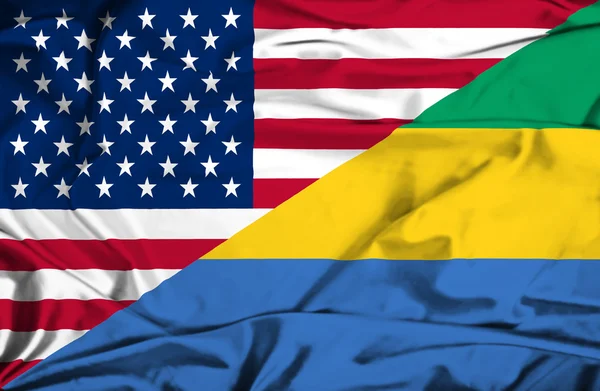 Waving flag of Gabon and USA — Stock Photo, Image