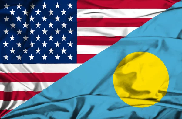 Waving flag of Palau and USA — Stock Photo, Image