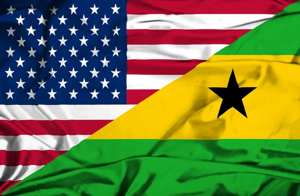 Waving flag of Sao Tome and Principe and USA — Stock Photo, Image