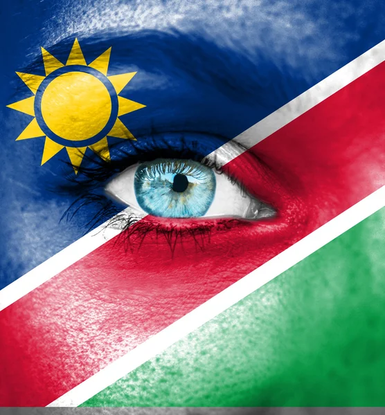 Vrouw gezicht beschilderd met vlag van Namibië — Stockfoto