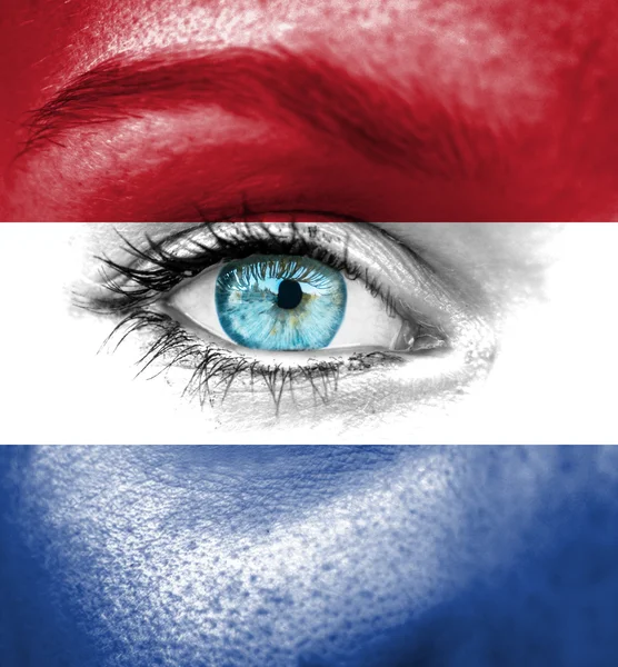 Vrouw gezicht beschilderd met vlag van Nederland — Stockfoto