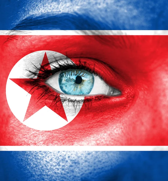 Woman face painted with flag of North Korea — Stock Photo, Image