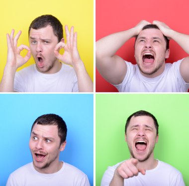 adam multico karşı farklı yüz ifadeleri ile kolaj