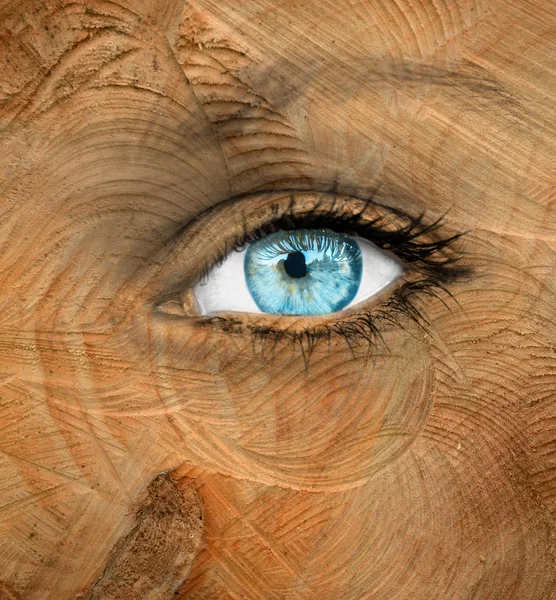 Olho humano azul com textura de madeira - Conceito de envelhecimento — Fotografia de Stock