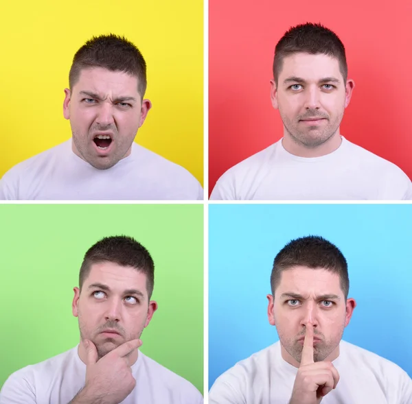 Collage de hombre con diferentes expresiones faciales contra multico —  Fotos de Stock