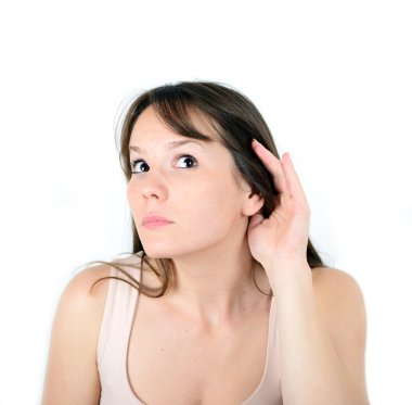 güzel kadın, beyaz bir ba izole dinleme jest