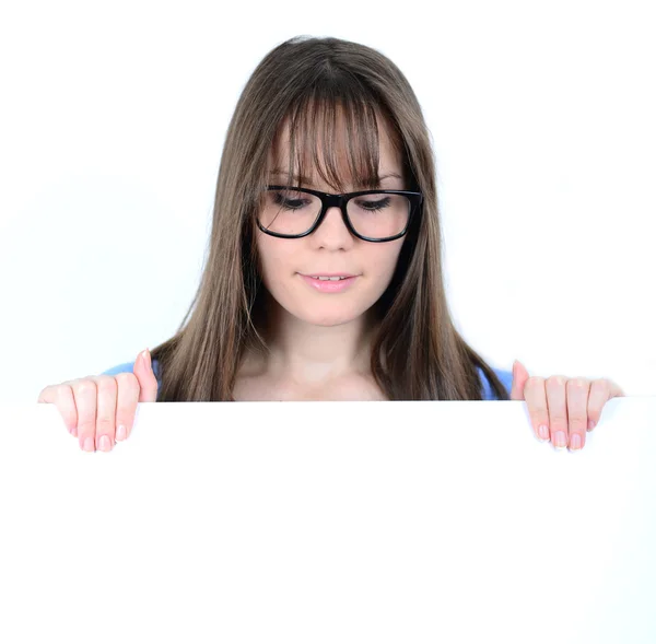 Portrait of a young female with with blank white board — Stock Photo, Image