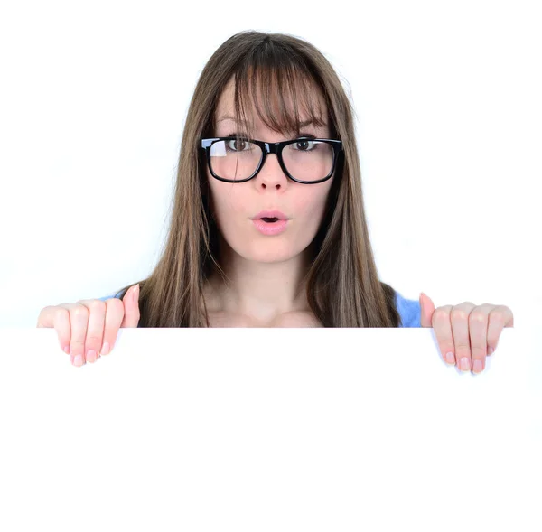 Portrait of a young female with with blank white board — Stock Photo, Image