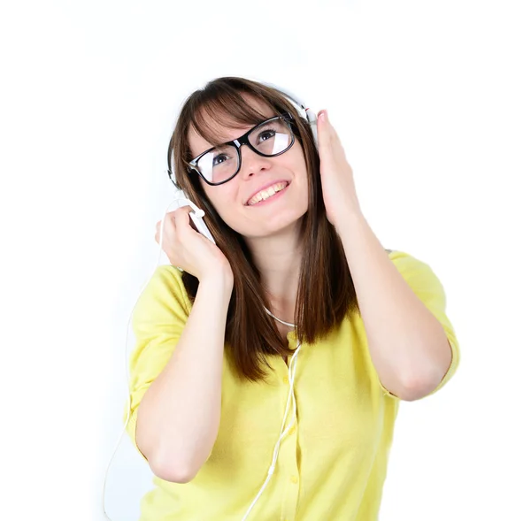 Woman dancing with headphones listening to music on mp3 — Stock Photo, Image
