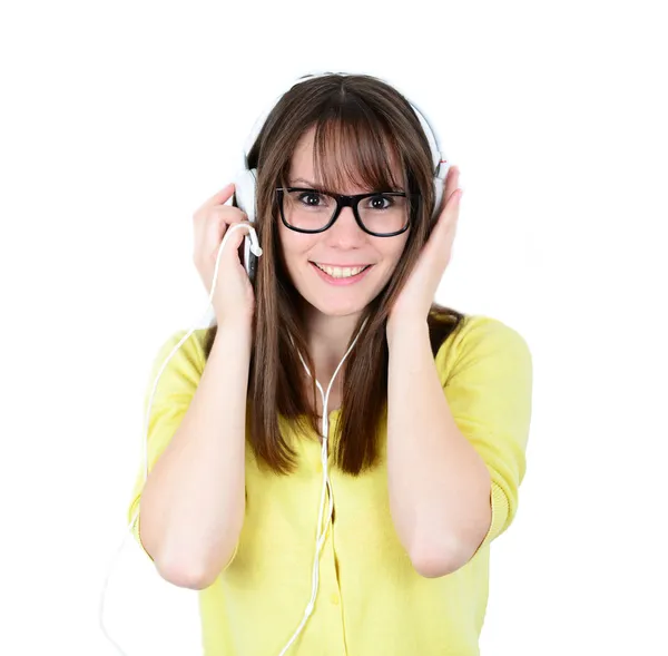 Vrouw dansen met koptelefoon luisteren naar muziek op mp3 — Stockfoto