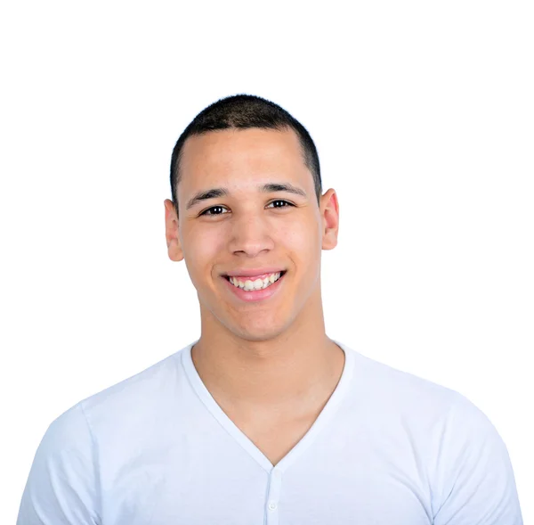 Portret van knappe man die lacht tegen witte achtergrond — Stockfoto