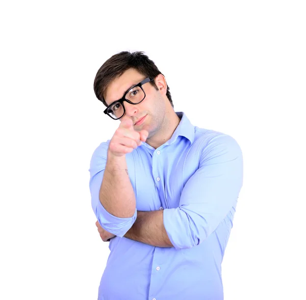 Portrait of handsome young man pointing to the camera isolated o — Stock Photo, Image