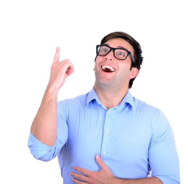 Portrait of young businessman looking up with arms spread with g — Stock Photo, Image