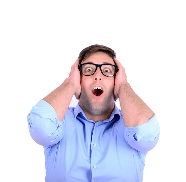 Portrait of young man in shock or under great pressure isolated — Stock Photo, Image