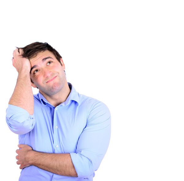  Portrait of young thoughtful businessman scratching head isolat
