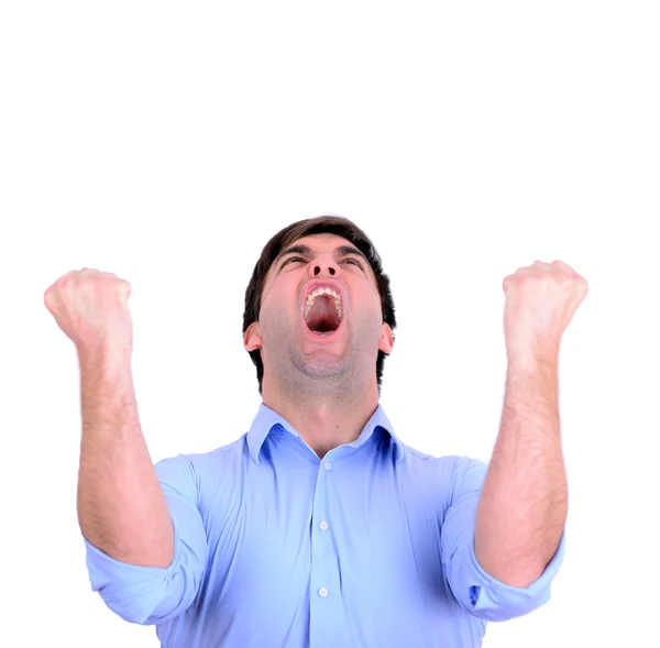 Successful man celebrating with arms up and shouting of joy isol — Stock Photo, Image