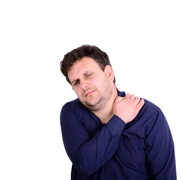 Portrait de jeune homme d'affaires avec douleur au cou isolé sur blanc — Photo