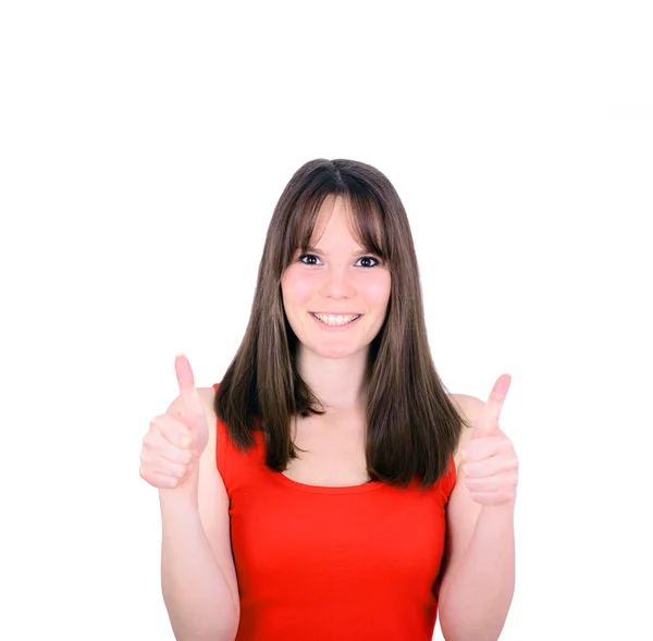 Retrato de mujer feliz con pulgares arriba sobre fondo blanco —  Fotos de Stock