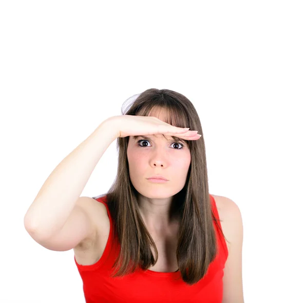 Portret van een jonge vrouw met hand naar hoofd "peering" vooruit in dis — Stockfoto