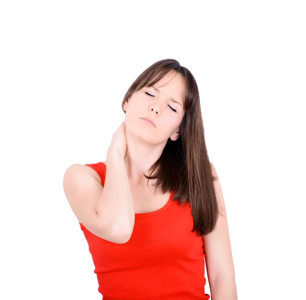 Portrait of young woman with neck pain isolated on white — Stock Photo, Image