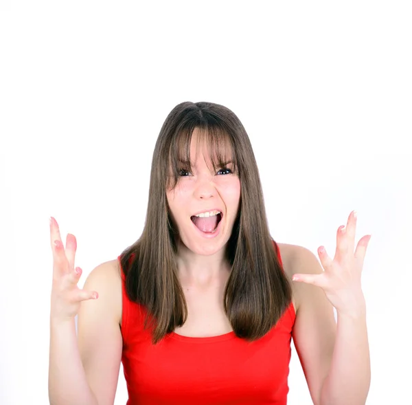 Young woman screaming with funny face isolated on white backgrou — Stock Photo, Image