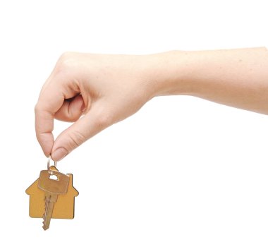 el ile üzerine beyaz izole krom evin anahtarı