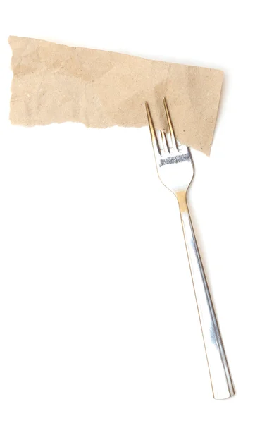 Silver fork and old paper on white background — Stock Photo, Image