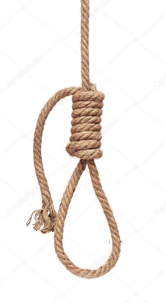 Hanging gallows rope with knot, isolated on white