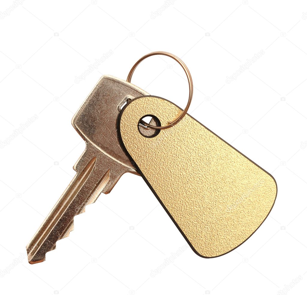 Key with blank golden label for your text isolated on white bac