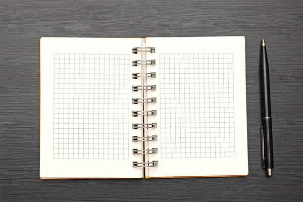 Notebook a pero na tmavém dřevěném pozadí — Stock fotografie