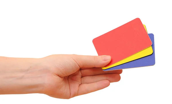 Vrouw hand met een credit cards. geïsoleerd op wit. Closeup. — Stockfoto