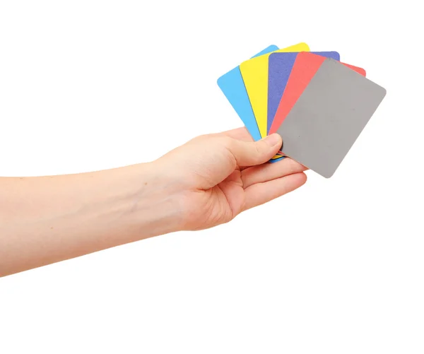 Samling av kvinnans hand hålla samling av färgstarka kort isol — Stockfoto