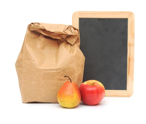 School lunch and blank blackboard — Zdjęcie stockowe