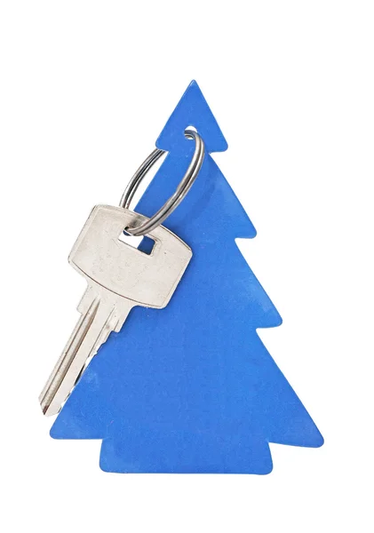 Key with blank tag in the form of a Christmas tree — Stock Photo, Image