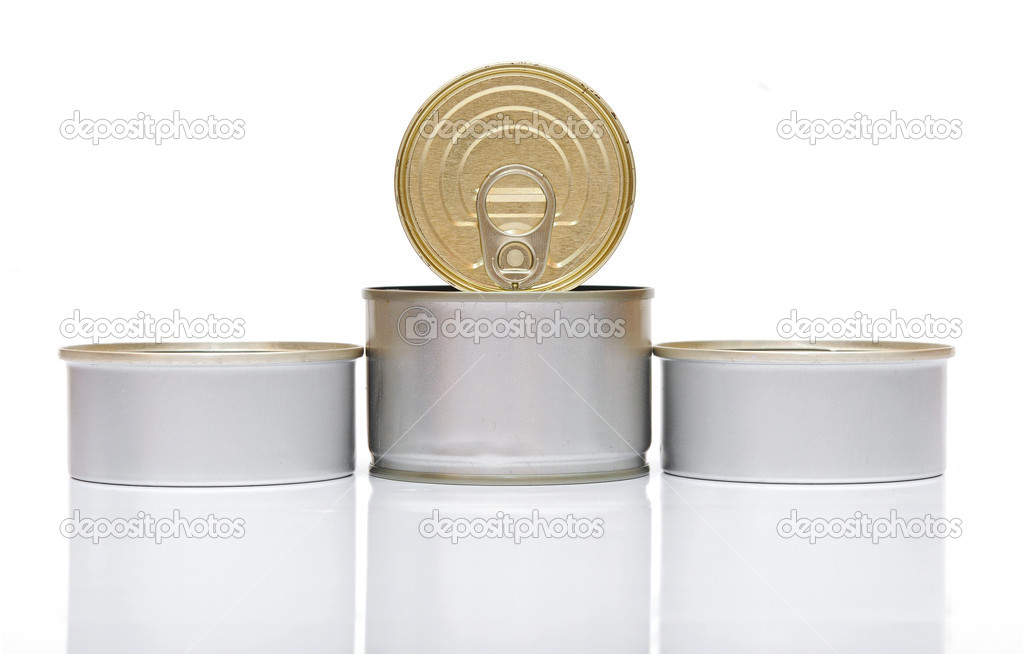 Pile of cans of conserved food over white background