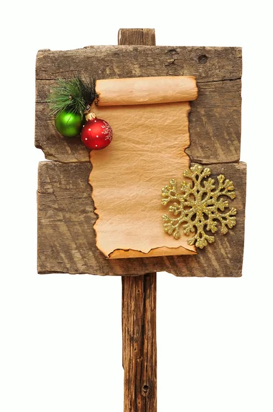 Weathered wooden sign and christmas decoration — Stock Photo, Image