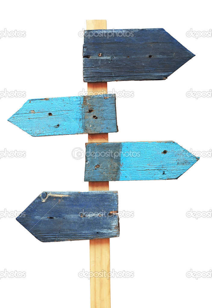 Wooden arrows road sign isolated on white